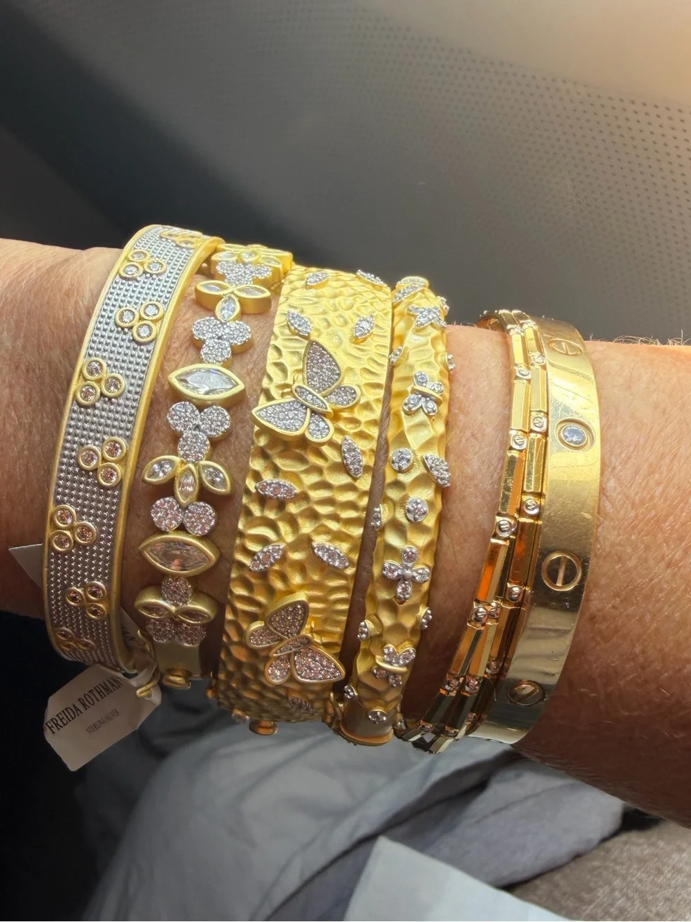 Freida Rothman Matte Gold  Flower & Pave Bangle Bracelet - NWT